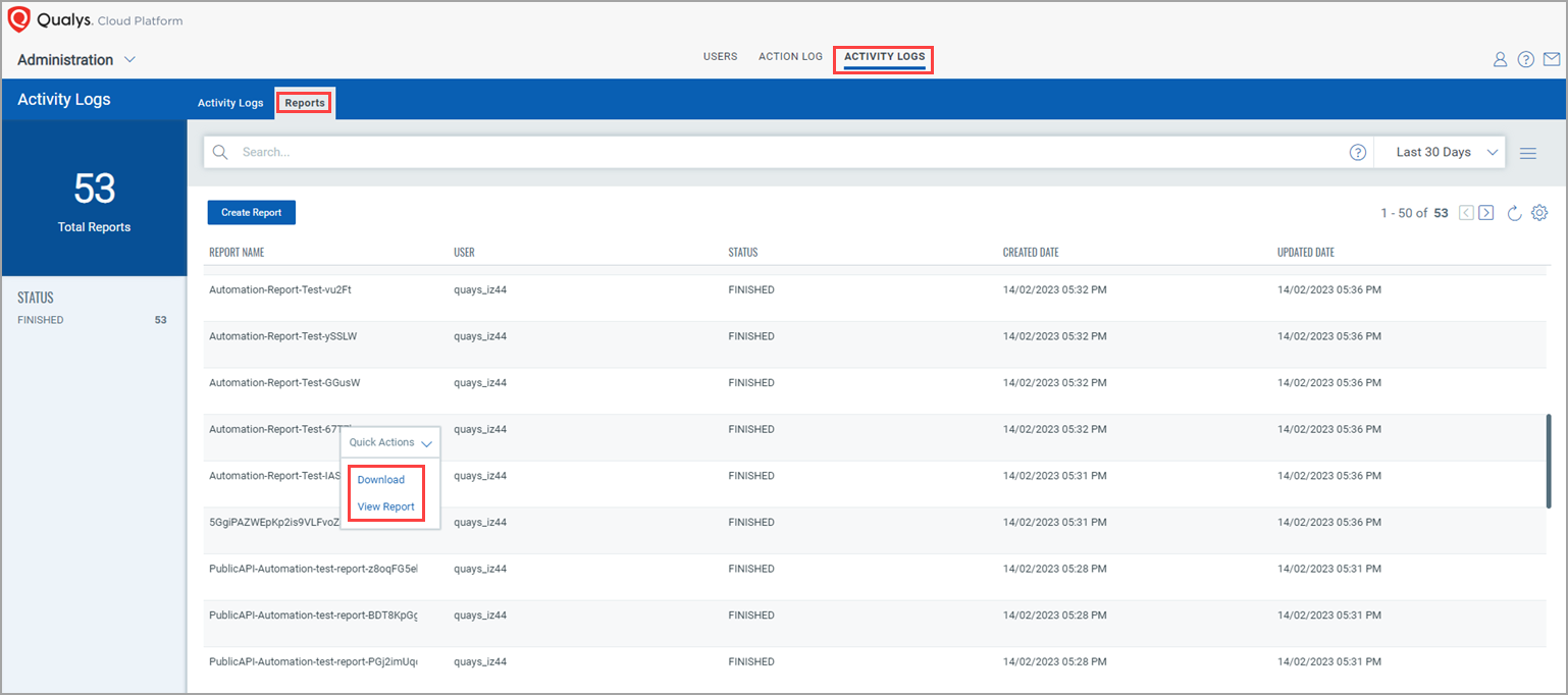 Activity Logs Reports Page