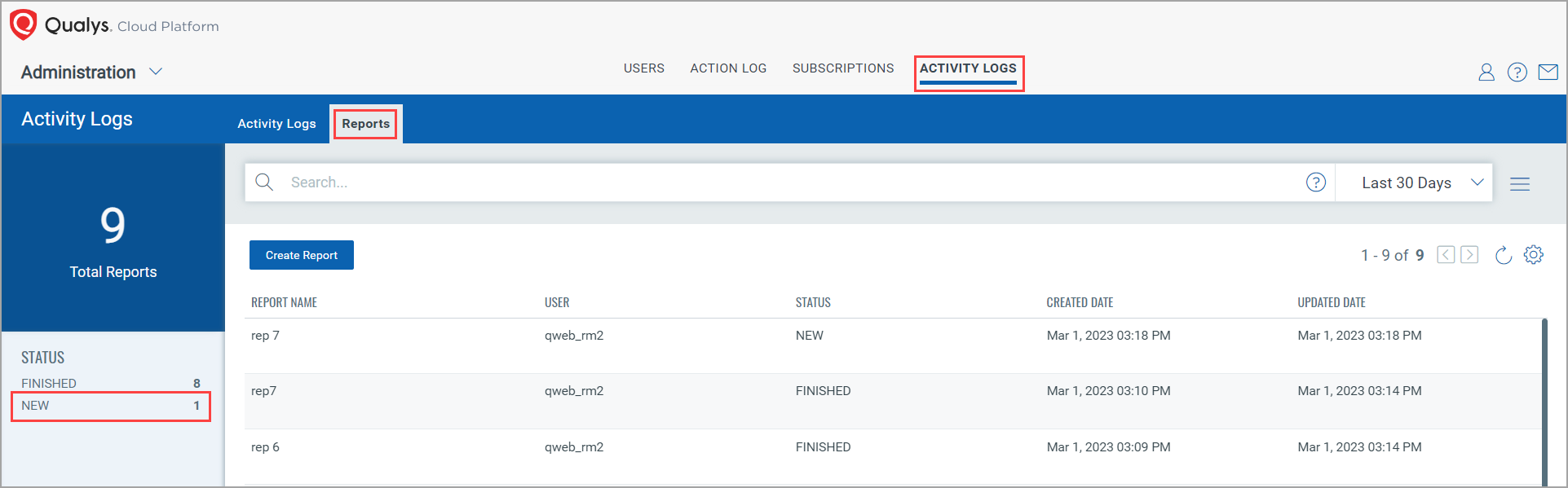 Activity Logs Report Statuses