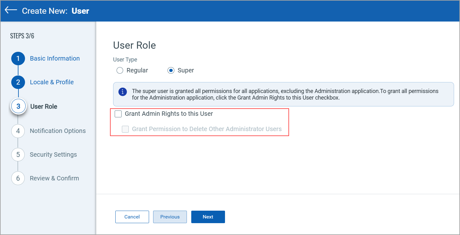 Super user granted full permissions to all modules. 
